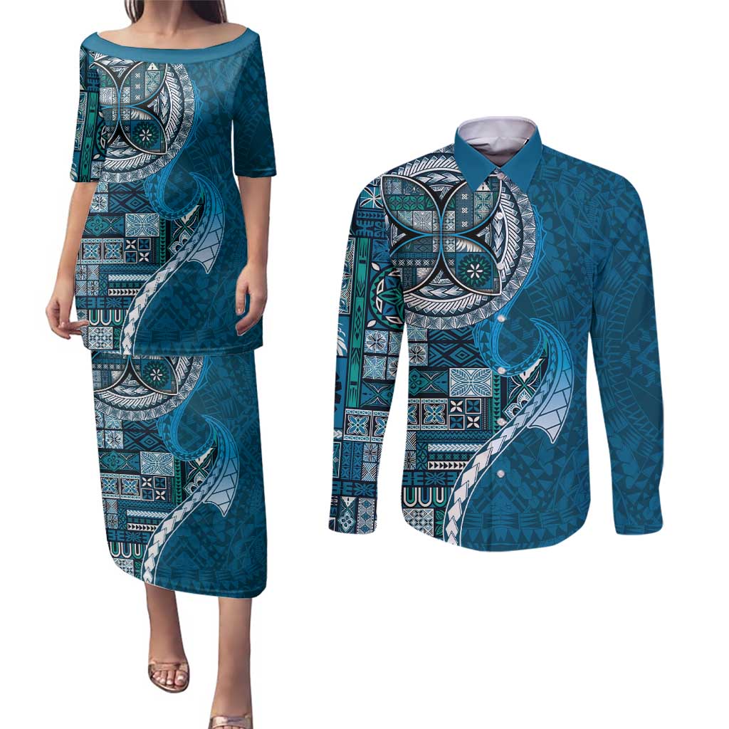 Samoan Siapo Art Tattoo Polynesian Pattern Couples Matching Puletasi and Long Sleeve Button Shirt Teal Color LT03 Teal - Polynesian Pride