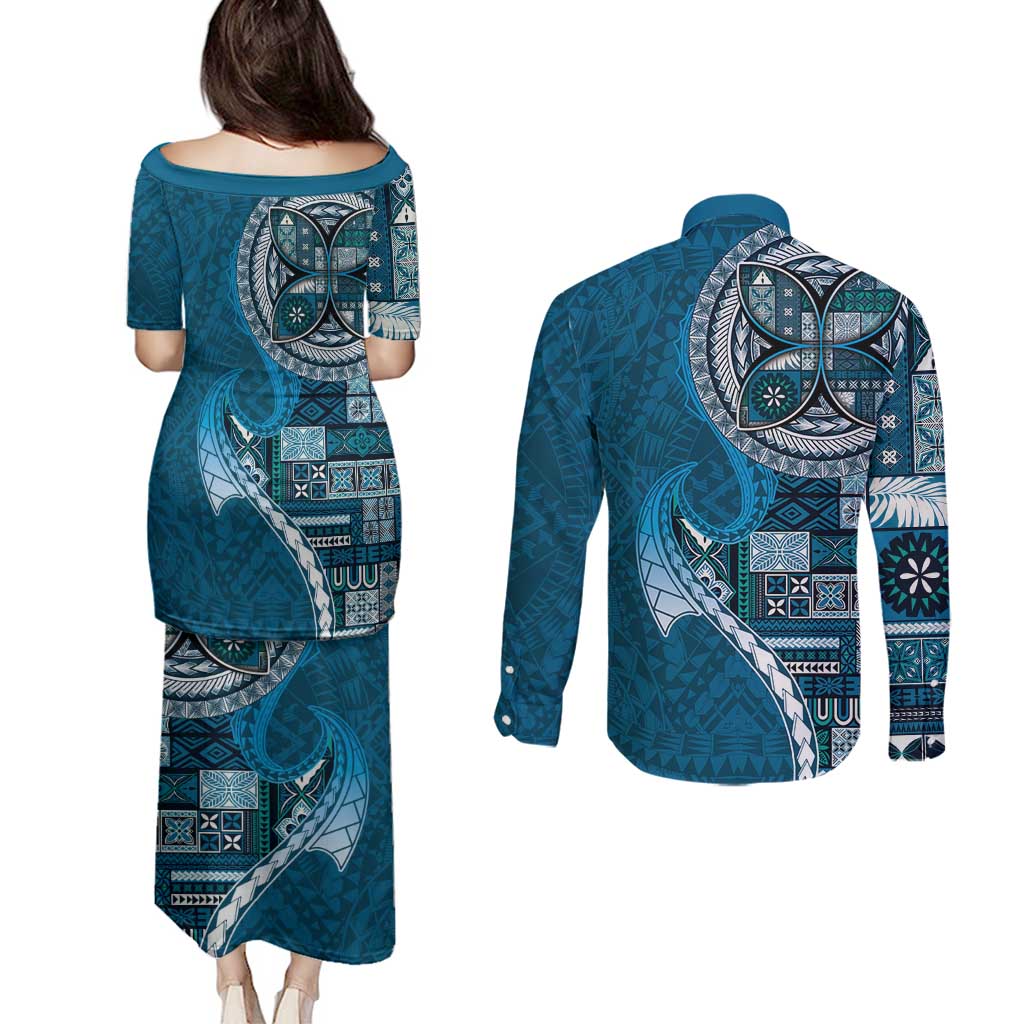 Samoan Siapo Art Tattoo Polynesian Pattern Couples Matching Puletasi and Long Sleeve Button Shirt Teal Color LT03 - Polynesian Pride