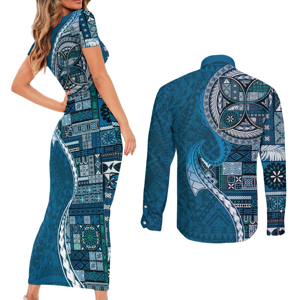 Samoan Siapo Art Tattoo Polynesian Pattern Couples Matching Short Sleeve Bodycon Dress and Long Sleeve Button Shirt Teal Color - Polynesian Pride