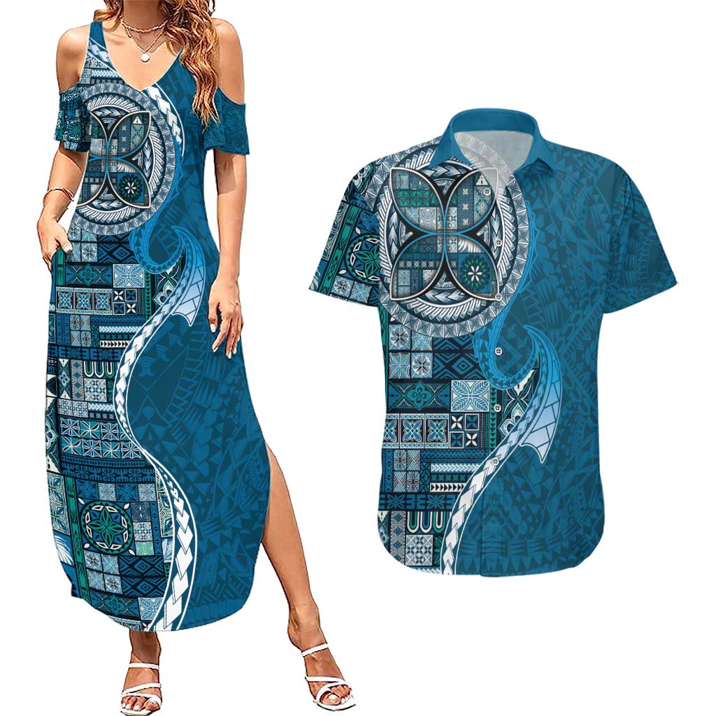 Samoan Siapo Art Tattoo Polynesian Pattern Couples Matching Summer Maxi Dress and Hawaiian Shirt Teal Color LT03 Teal - Polynesian Pride