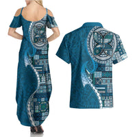 Samoan Siapo Art Tattoo Polynesian Pattern Couples Matching Summer Maxi Dress and Hawaiian Shirt Teal Color LT03 - Polynesian Pride