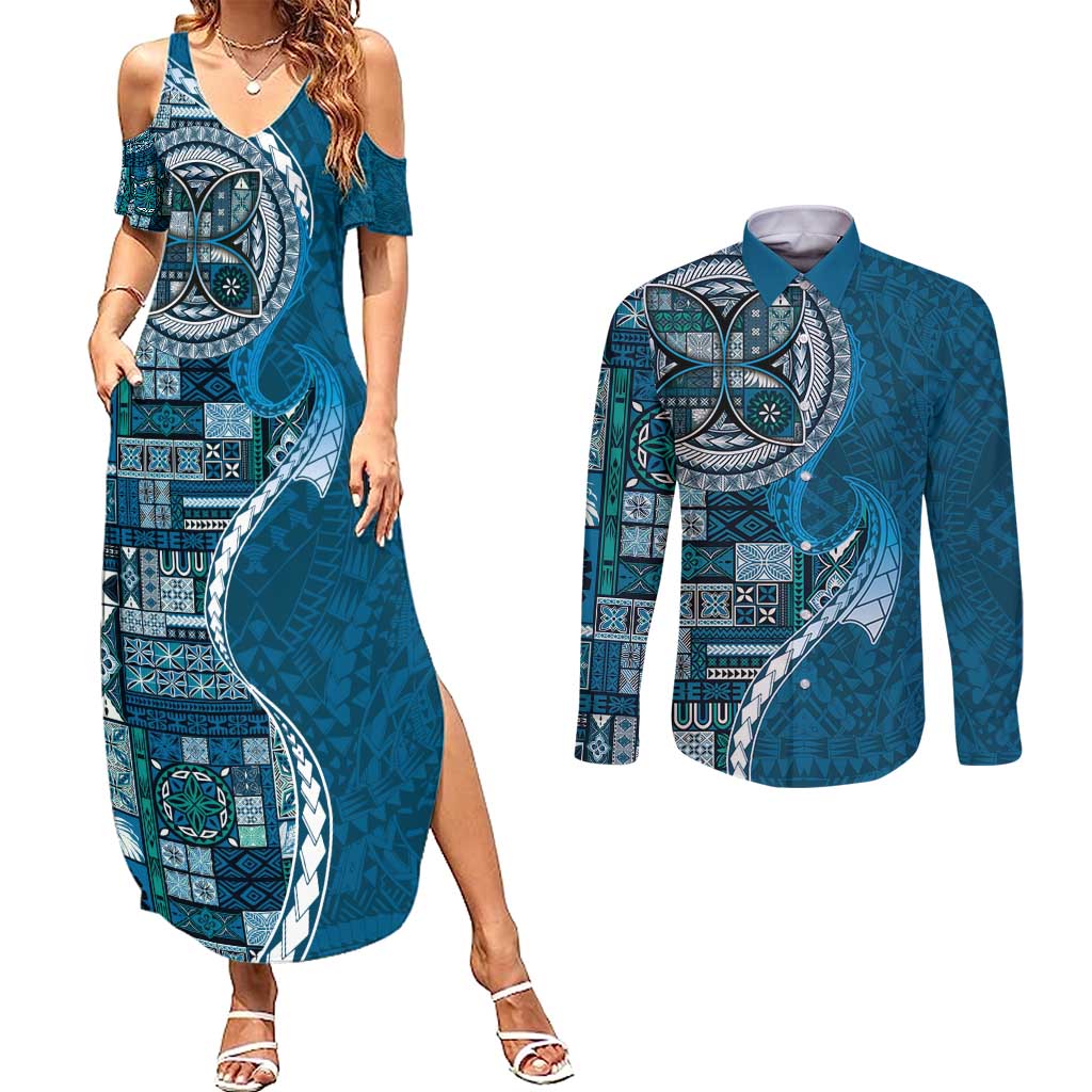 Samoan Siapo Art Tattoo Polynesian Pattern Couples Matching Summer Maxi Dress and Long Sleeve Button Shirt Teal Color LT03 Teal - Polynesian Pride