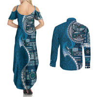 Samoan Siapo Art Tattoo Polynesian Pattern Couples Matching Summer Maxi Dress and Long Sleeve Button Shirt Teal Color LT03 - Polynesian Pride