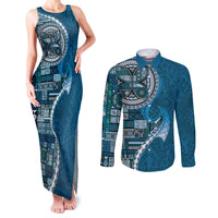 Samoan Siapo Art Tattoo Polynesian Pattern Couples Matching Tank Maxi Dress and Long Sleeve Button Shirt Teal Color LT03 Teal - Polynesian Pride