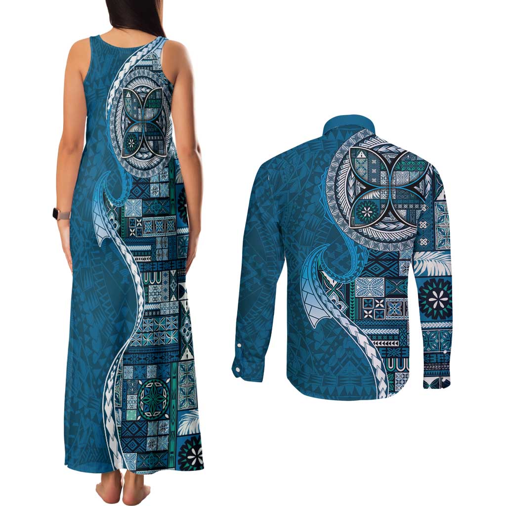 Samoan Siapo Art Tattoo Polynesian Pattern Couples Matching Tank Maxi Dress and Long Sleeve Button Shirt Teal Color LT03 - Polynesian Pride