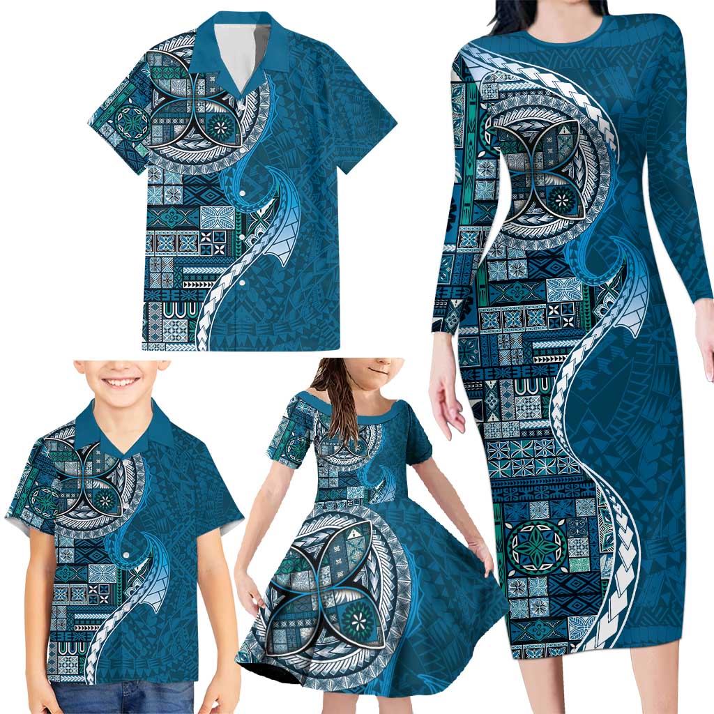 Samoan Siapo Art Tattoo Polynesian Pattern Family Matching Long Sleeve Bodycon Dress and Hawaiian Shirt Teal Color - Polynesian Pride