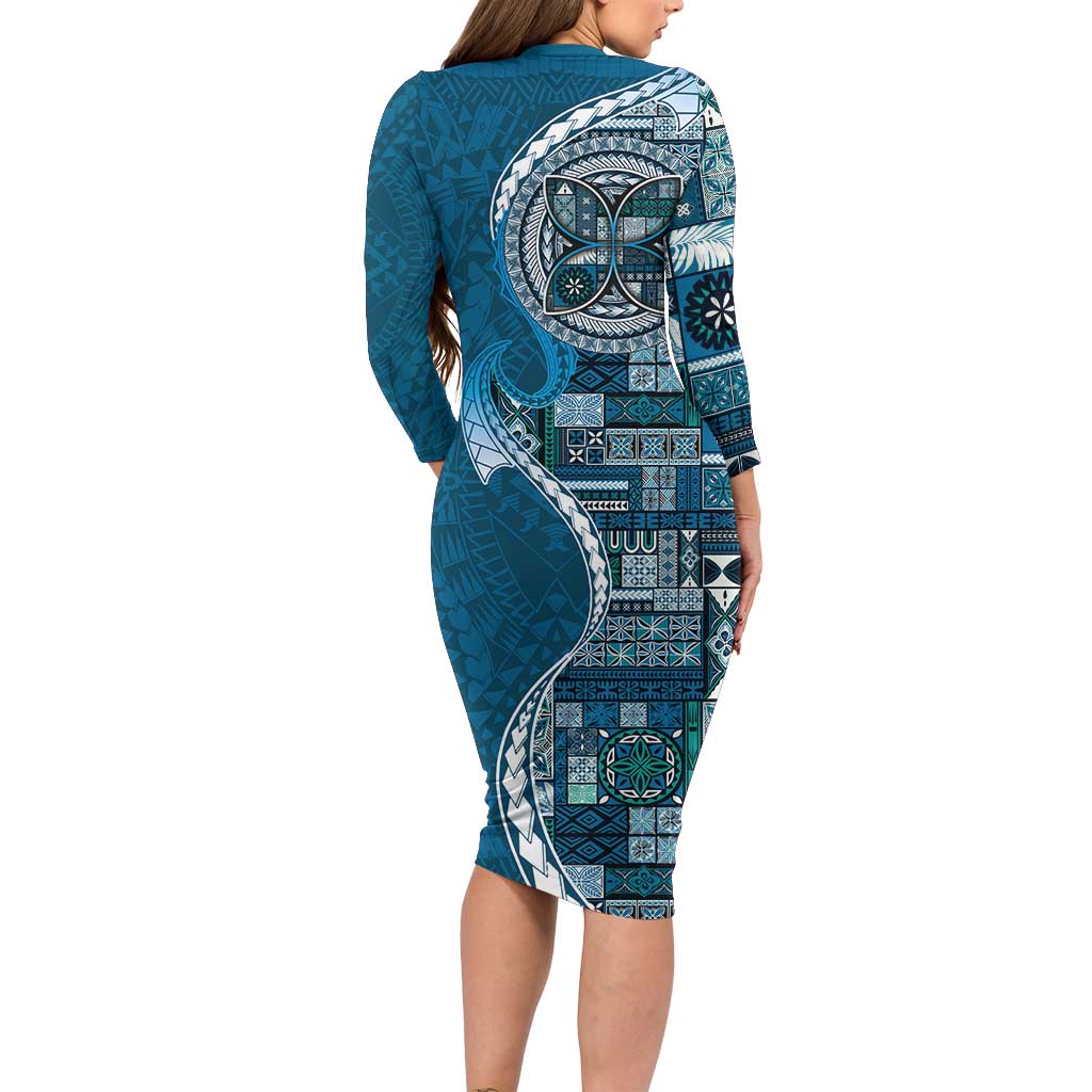 Samoan Siapo Art Tattoo Polynesian Pattern Family Matching Long Sleeve Bodycon Dress and Hawaiian Shirt Teal Color - Polynesian Pride