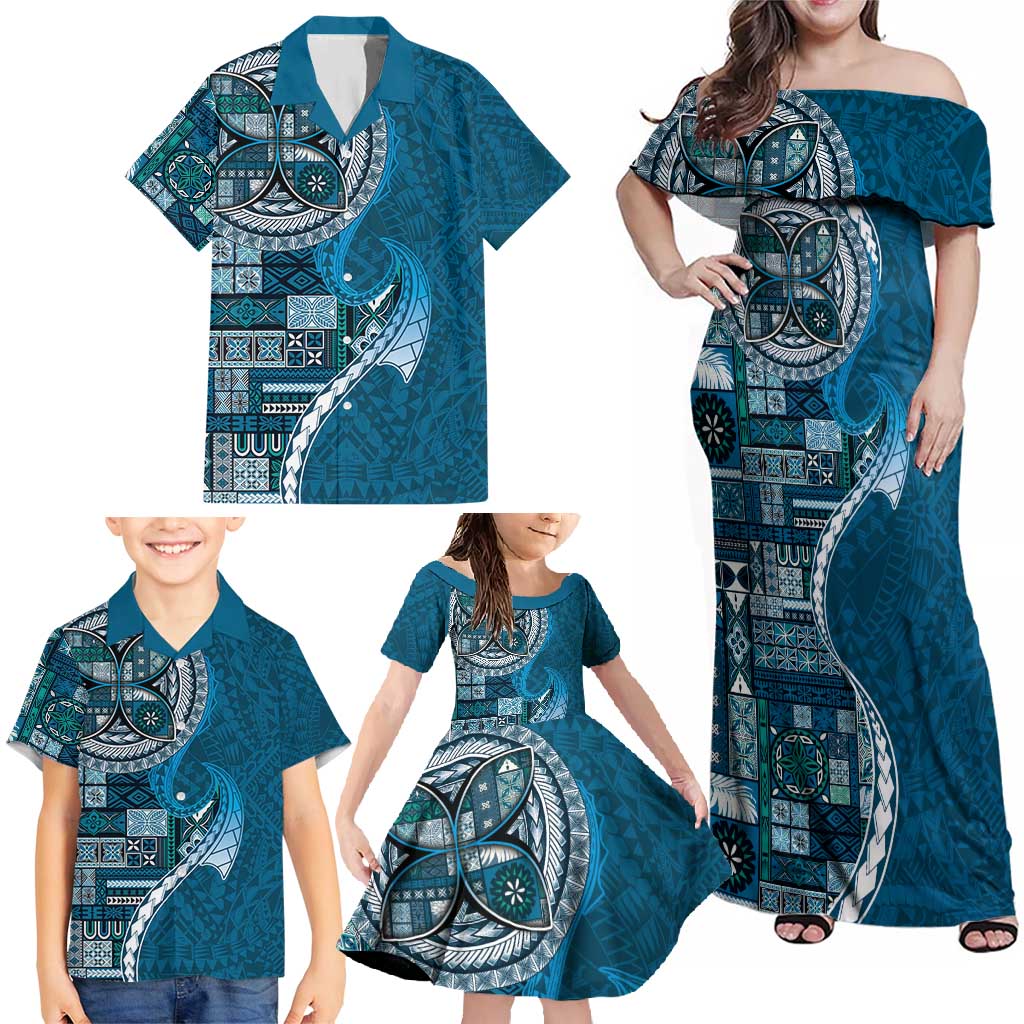 Samoan Siapo Art Tattoo Polynesian Pattern Family Matching Off Shoulder Maxi Dress and Hawaiian Shirt Teal Color - Polynesian Pride