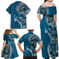 Samoan Siapo Art Tattoo Polynesian Pattern Family Matching Off Shoulder Maxi Dress and Hawaiian Shirt Teal Color - Polynesian Pride