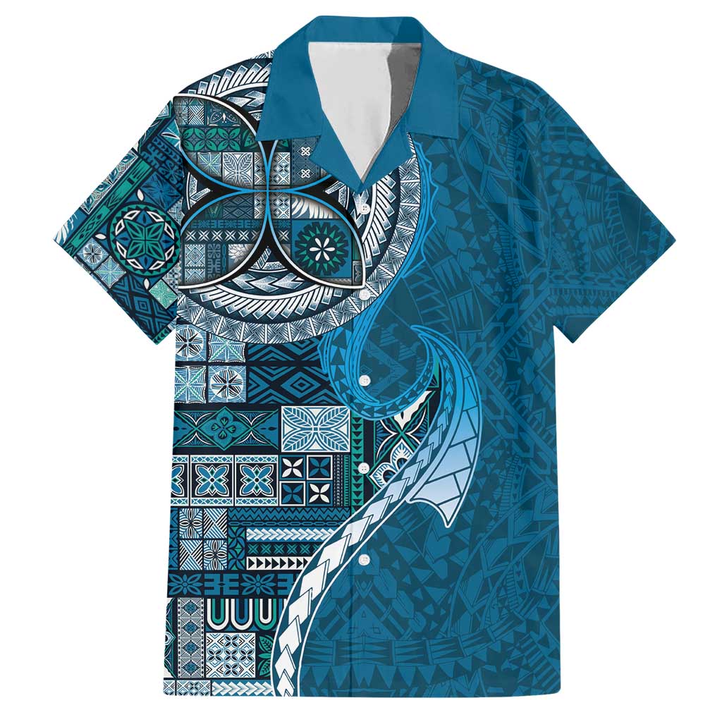 Samoan Siapo Art Tattoo Polynesian Pattern Family Matching Short Sleeve Bodycon Dress and Hawaiian Shirt Teal Color - Polynesian Pride