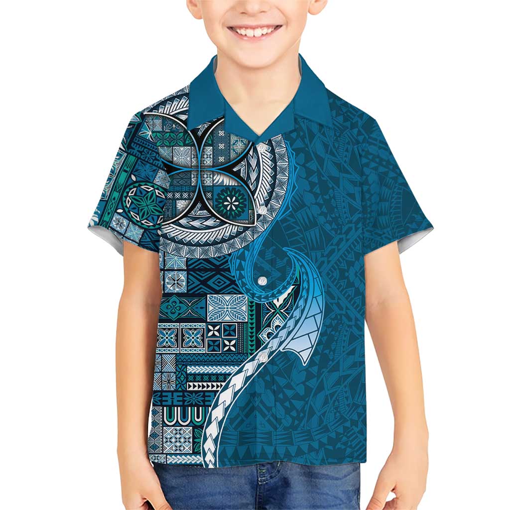 Samoan Siapo Art Tattoo Polynesian Pattern Family Matching Short Sleeve Bodycon Dress and Hawaiian Shirt Teal Color - Polynesian Pride