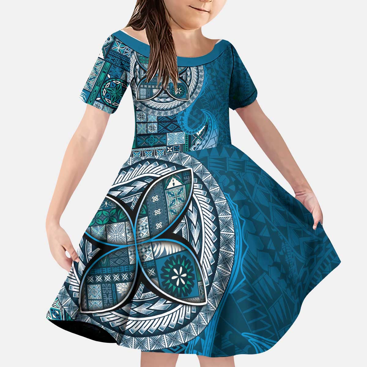 Samoan Siapo Art Tattoo Polynesian Pattern Kid Short Sleeve Dress Teal Color - Polynesian Pride