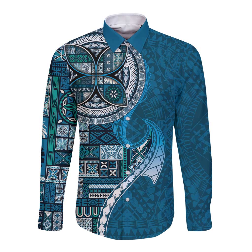 Samoan Siapo Art Tattoo Polynesian Pattern Long Sleeve Button Shirt Teal Color LT03 Unisex Teal - Polynesian Pride