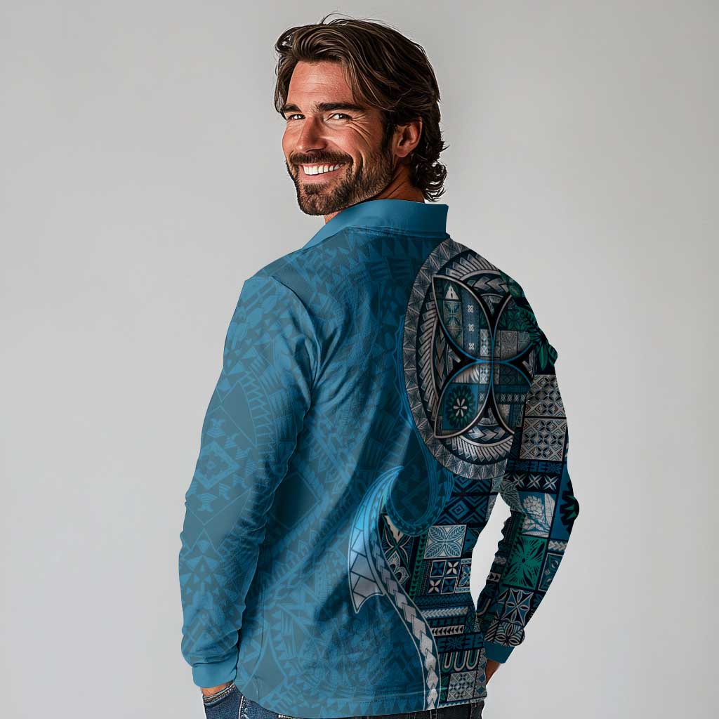 Samoan Siapo Art Tattoo Polynesian Pattern Long Sleeve Polo Shirt Teal Color - Polynesian Pride