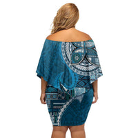 Samoan Siapo Art Tattoo Polynesian Pattern Off Shoulder Short Dress Teal Color - Polynesian Pride