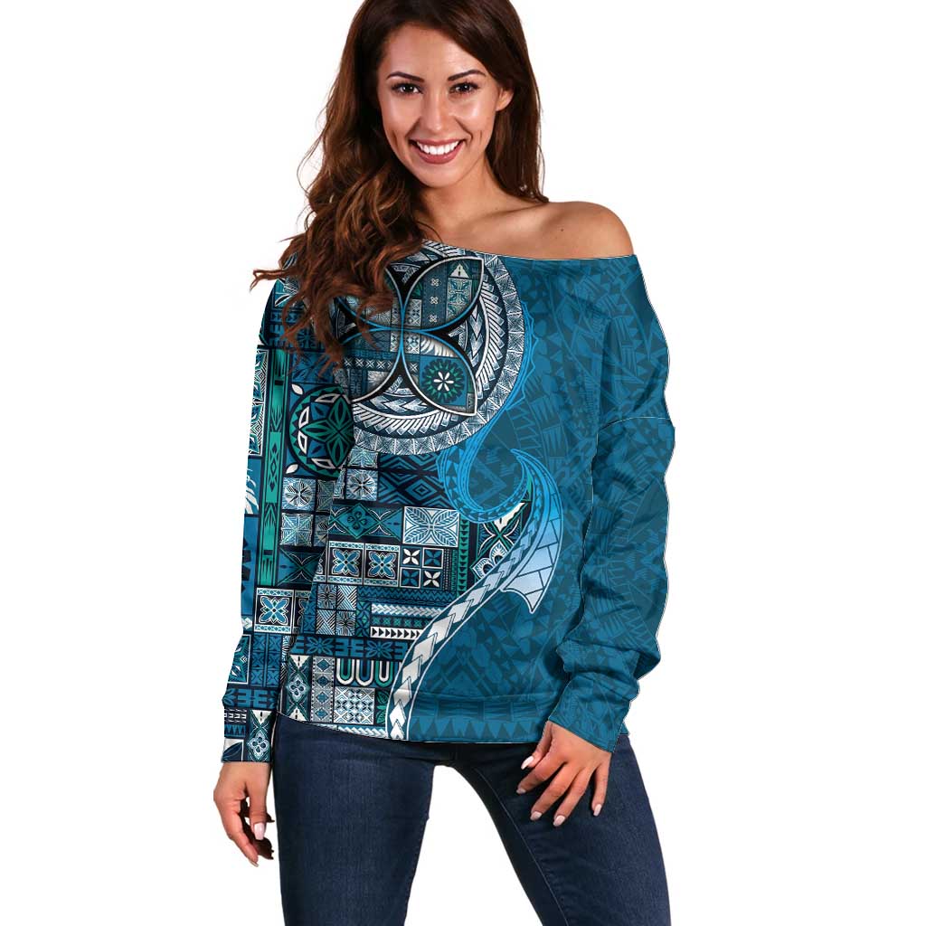 Samoan Siapo Art Tattoo Polynesian Pattern Off Shoulder Sweater Teal Color - Polynesian Pride