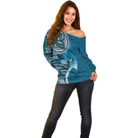 Samoan Siapo Art Tattoo Polynesian Pattern Off Shoulder Sweater Teal Color - Polynesian Pride
