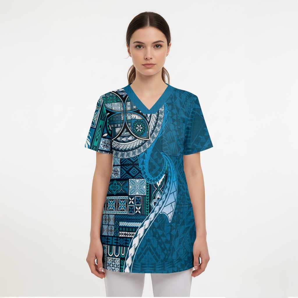 Samoan Siapo Art Tattoo Polynesian Pattern Scrub Top Teal Color LT03 - Polynesian Pride