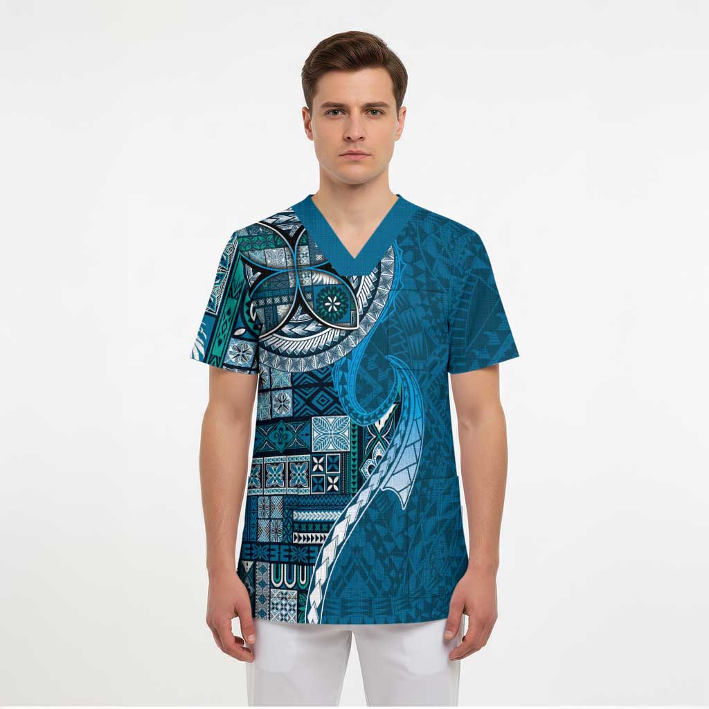 Samoan Siapo Art Tattoo Polynesian Pattern Scrub Top Teal Color LT03 - Polynesian Pride