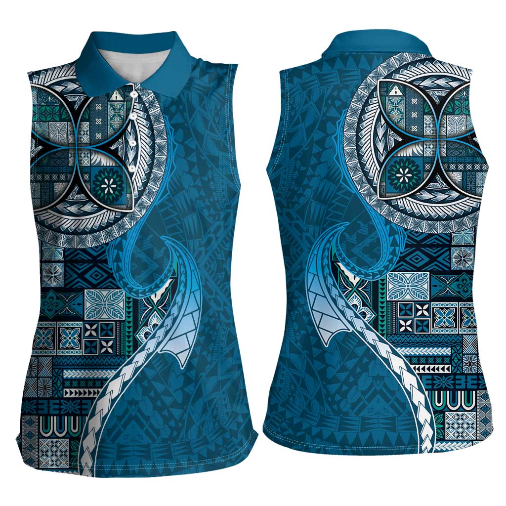 Samoan Siapo Art Tattoo Polynesian Pattern Women Sleeveless Polo Shirt Teal Color - Polynesian Pride