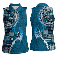 Samoan Siapo Art Tattoo Polynesian Pattern Women Sleeveless Polo Shirt Teal Color - Polynesian Pride