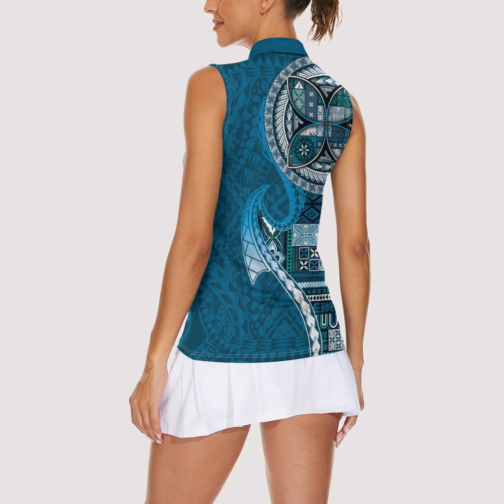 Samoan Siapo Art Tattoo Polynesian Pattern Women Sleeveless Polo Shirt Teal Color - Polynesian Pride