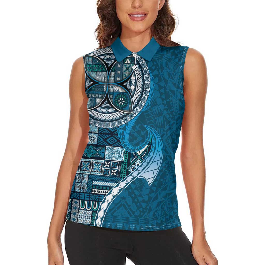 Samoan Siapo Art Tattoo Polynesian Pattern Women Sleeveless Polo Shirt Teal Color - Polynesian Pride