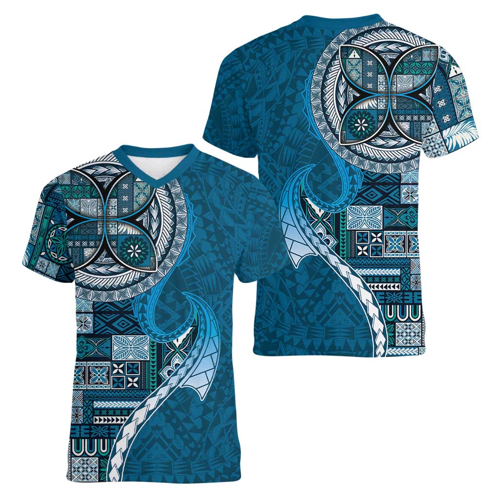 Samoan Siapo Art Tattoo Polynesian Pattern Women V-Neck T-Shirt Teal Color - Polynesian Pride
