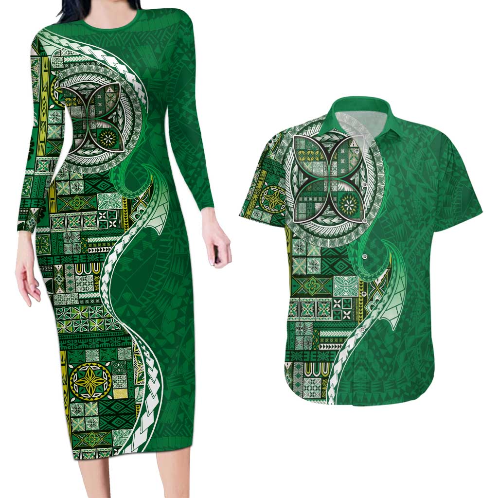 Samoan Siapo Art Tattoo Polynesian Pattern Couples Matching Long Sleeve Bodycon Dress and Hawaiian Shirt Green Color LT03 Green - Polynesian Pride