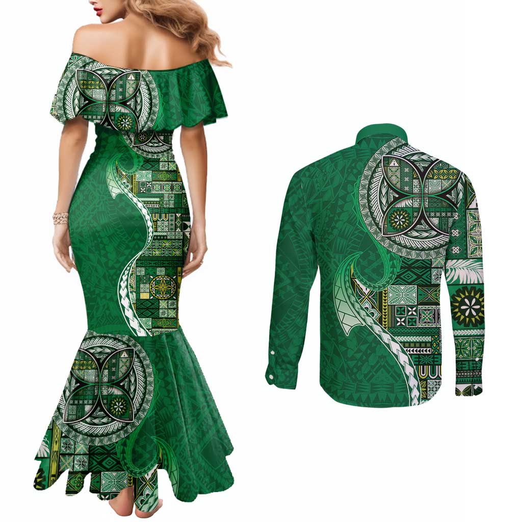 Samoan Siapo Art Tattoo Polynesian Pattern Couples Matching Mermaid Dress and Long Sleeve Button Shirt Green Color LT03 - Polynesian Pride