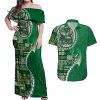 Samoan Siapo Art Tattoo Polynesian Pattern Couples Matching Off Shoulder Maxi Dress and Hawaiian Shirt Green Color - Polynesian Pride