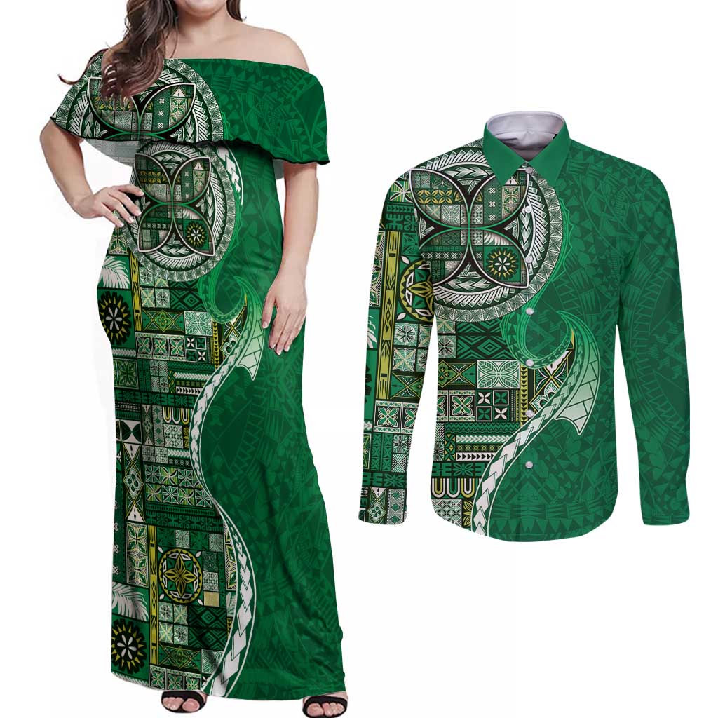 Samoan Siapo Art Tattoo Polynesian Pattern Couples Matching Off Shoulder Maxi Dress and Long Sleeve Button Shirt Green Color LT03 Green - Polynesian Pride