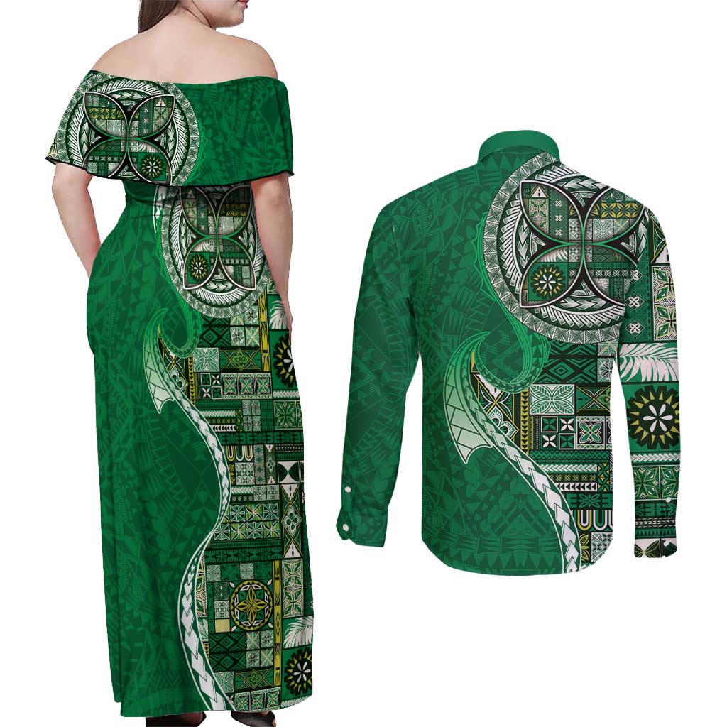 Samoan Siapo Art Tattoo Polynesian Pattern Couples Matching Off Shoulder Maxi Dress and Long Sleeve Button Shirt Green Color LT03 - Polynesian Pride