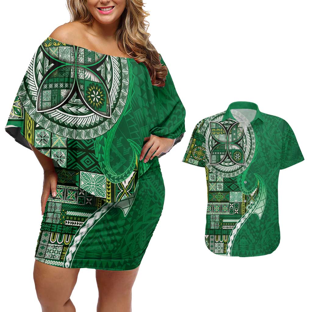 Samoan Siapo Art Tattoo Polynesian Pattern Couples Matching Off Shoulder Short Dress and Hawaiian Shirt Green Color LT03 Green - Polynesian Pride