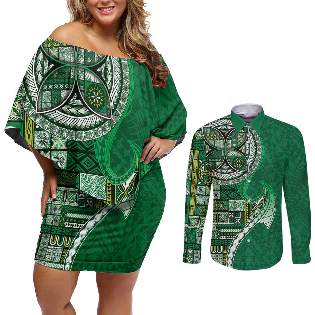 Samoan Siapo Art Tattoo Polynesian Pattern Couples Matching Off Shoulder Short Dress and Long Sleeve Button Shirt Green Color LT03 Green - Polynesian Pride