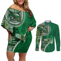 Samoan Siapo Art Tattoo Polynesian Pattern Couples Matching Off Shoulder Short Dress and Long Sleeve Button Shirt Green Color LT03 Green - Polynesian Pride