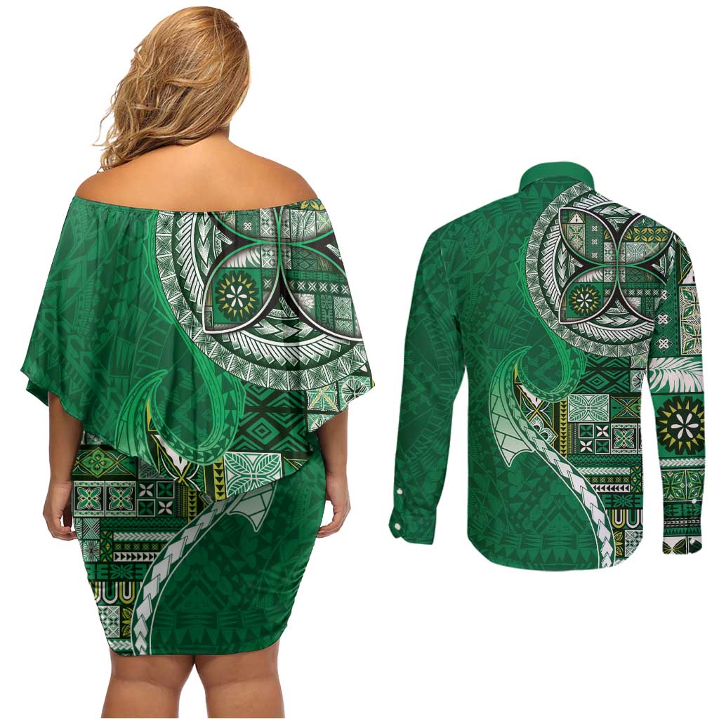 Samoan Siapo Art Tattoo Polynesian Pattern Couples Matching Off Shoulder Short Dress and Long Sleeve Button Shirt Green Color LT03 - Polynesian Pride