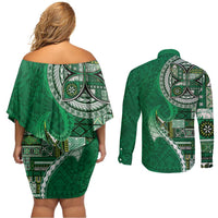 Samoan Siapo Art Tattoo Polynesian Pattern Couples Matching Off Shoulder Short Dress and Long Sleeve Button Shirt Green Color LT03 - Polynesian Pride