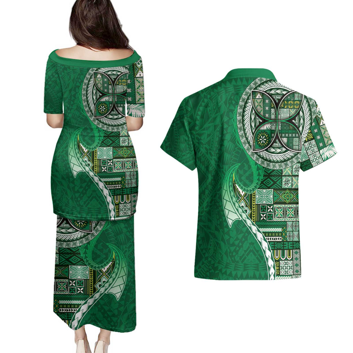 Samoan Siapo Art Tattoo Polynesian Pattern Couples Matching Puletasi and Hawaiian Shirt Green Color LT03 - Polynesian Pride