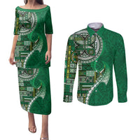 Samoan Siapo Art Tattoo Polynesian Pattern Couples Matching Puletasi and Long Sleeve Button Shirt Green Color LT03 Green - Polynesian Pride