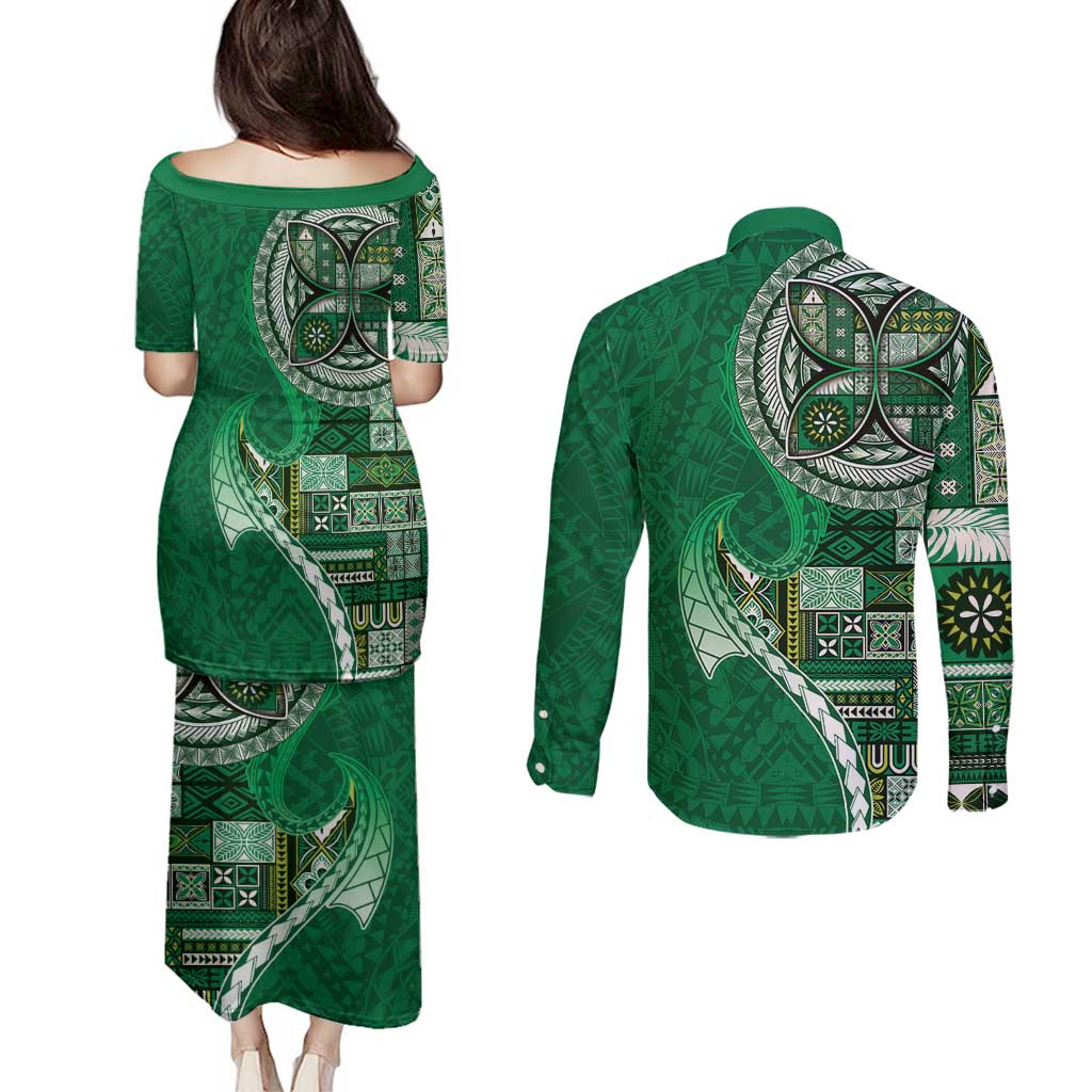 Samoan Siapo Art Tattoo Polynesian Pattern Couples Matching Puletasi and Long Sleeve Button Shirt Green Color LT03 - Polynesian Pride