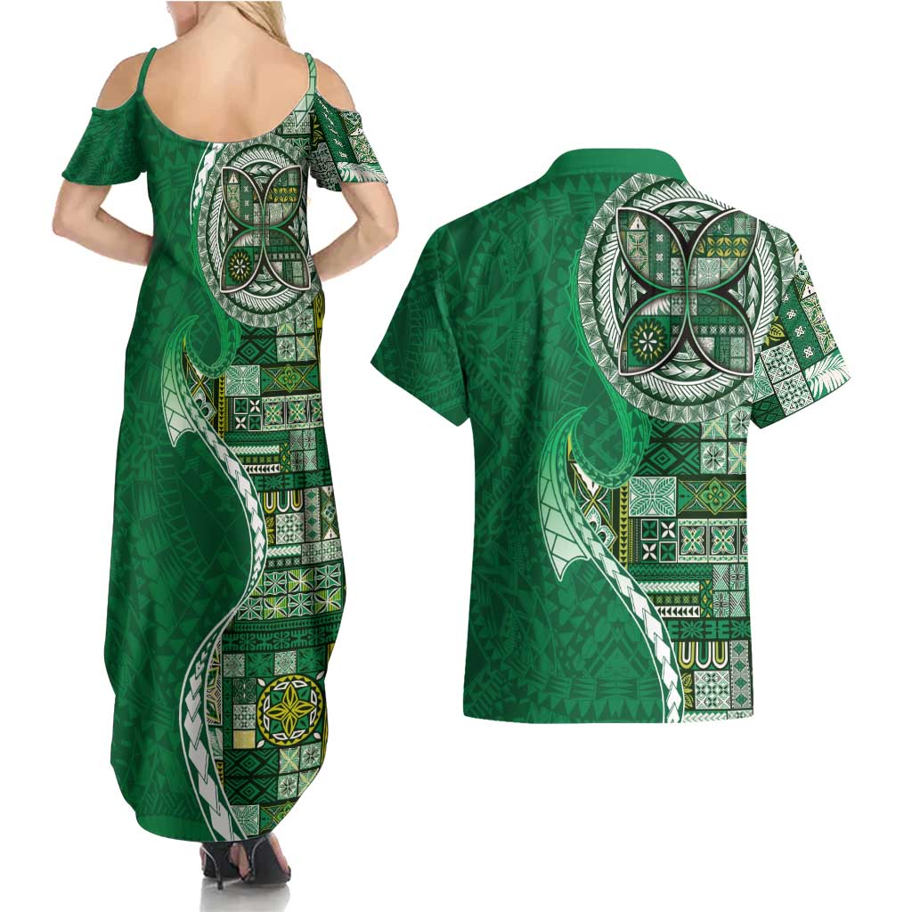 Samoan Siapo Art Tattoo Polynesian Pattern Couples Matching Summer Maxi Dress and Hawaiian Shirt Green Color LT03 - Polynesian Pride