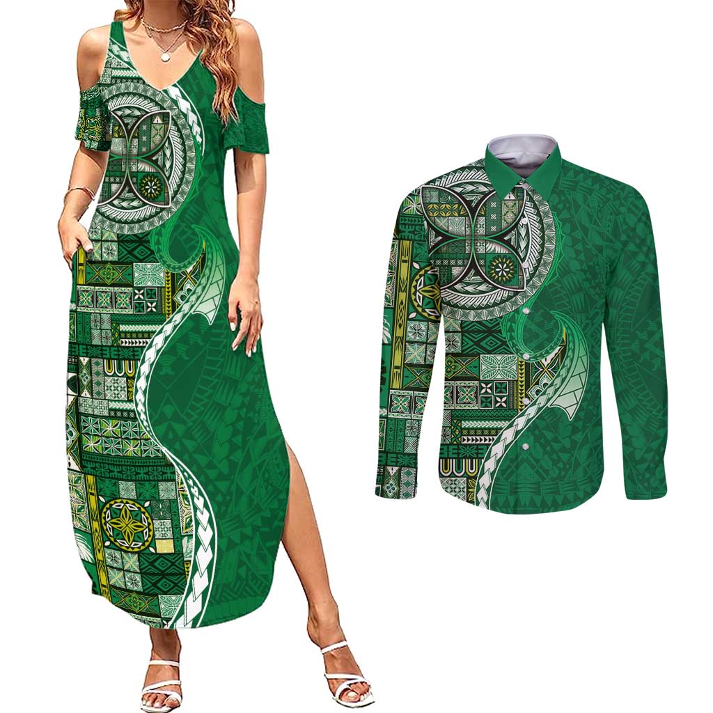 Samoan Siapo Art Tattoo Polynesian Pattern Couples Matching Summer Maxi Dress and Long Sleeve Button Shirt Green Color LT03 Green - Polynesian Pride