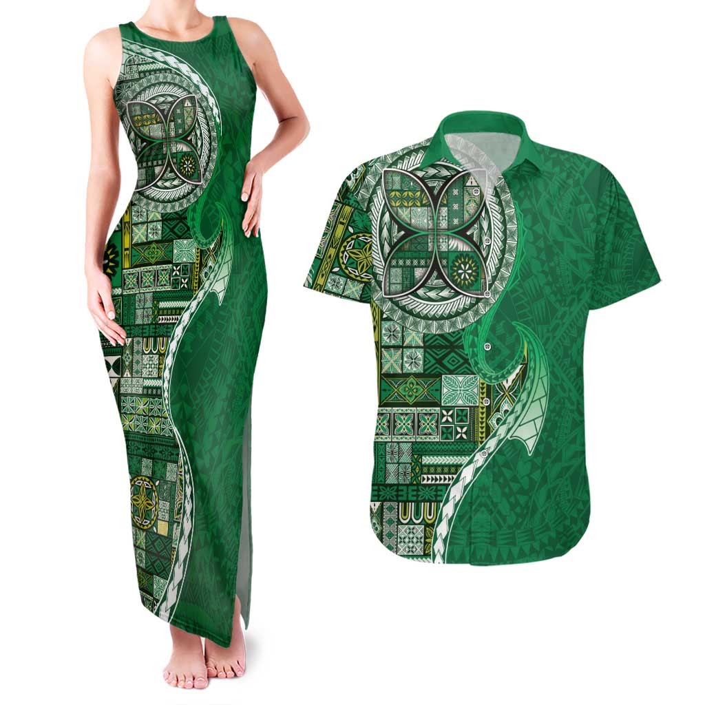 Samoan Siapo Art Tattoo Polynesian Pattern Couples Matching Tank Maxi Dress and Hawaiian Shirt Green Color LT03 Green - Polynesian Pride