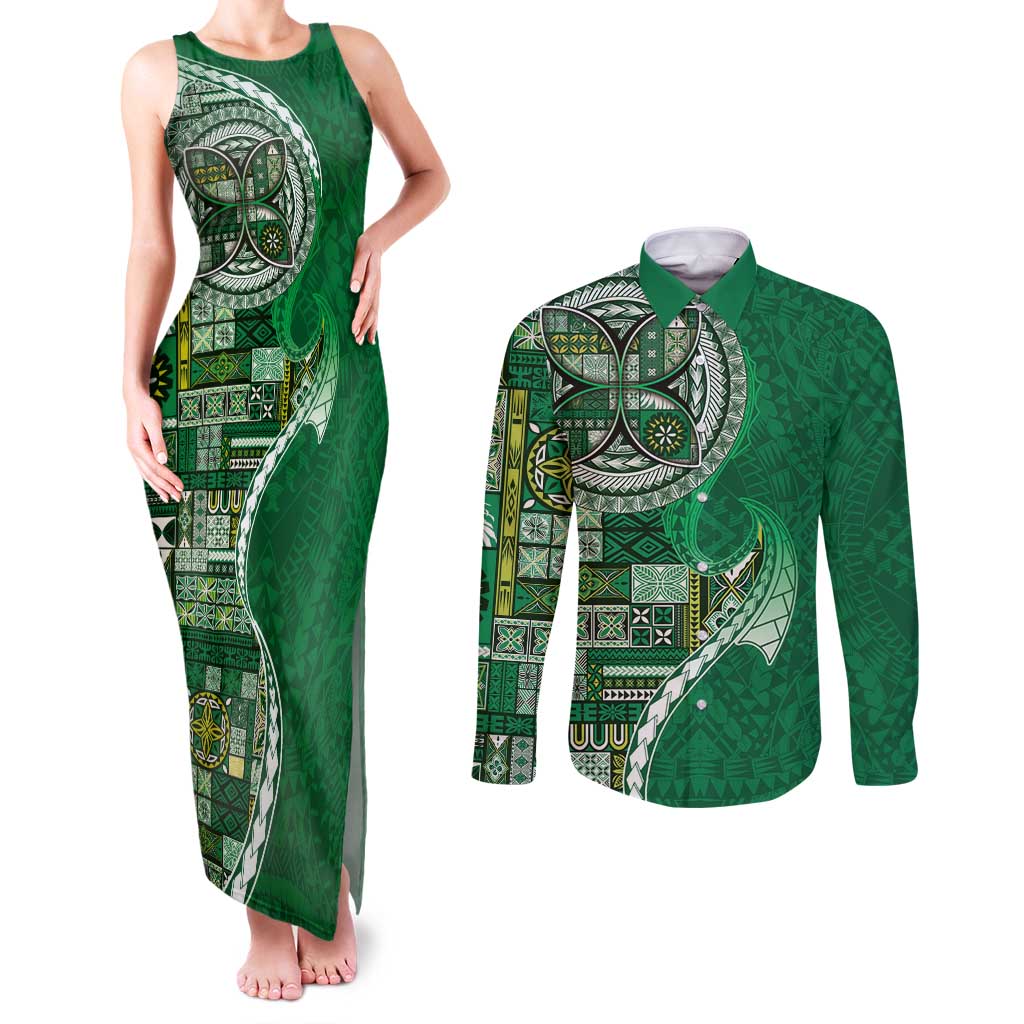 Samoan Siapo Art Tattoo Polynesian Pattern Couples Matching Tank Maxi Dress and Long Sleeve Button Shirt Green Color LT03 Green - Polynesian Pride