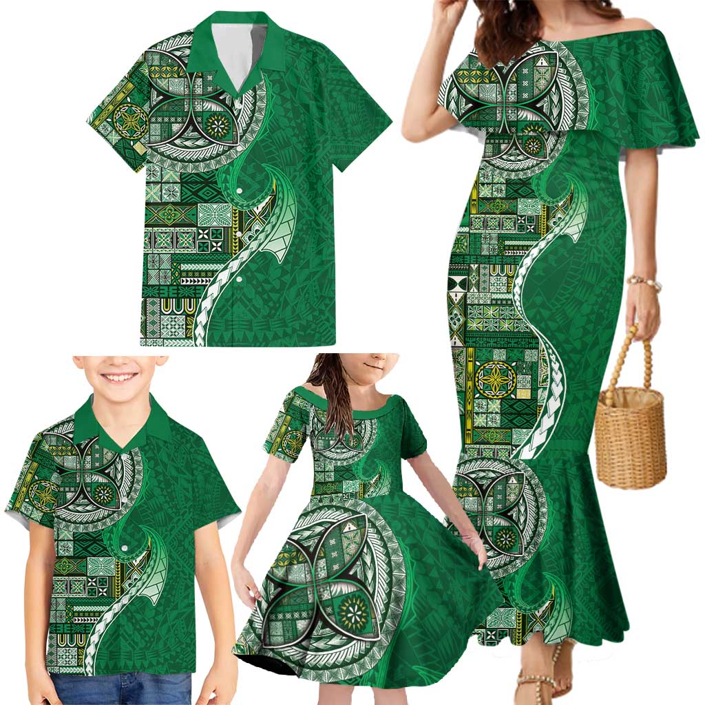Samoan Siapo Art Tattoo Polynesian Pattern Family Matching Mermaid Dress and Hawaiian Shirt Green Color - Polynesian Pride