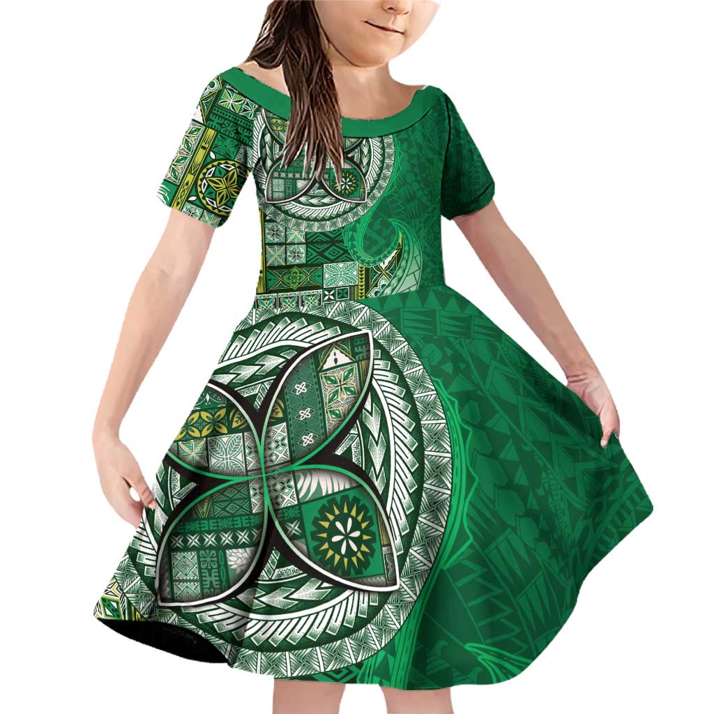Samoan Siapo Art Tattoo Polynesian Pattern Family Matching Off Shoulder Short Dress and Hawaiian Shirt Green Color - Polynesian Pride