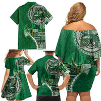 Samoan Siapo Art Tattoo Polynesian Pattern Family Matching Off Shoulder Short Dress and Hawaiian Shirt Green Color - Polynesian Pride