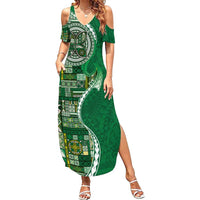 Samoan Siapo Art Tattoo Polynesian Pattern Family Matching Summer Maxi Dress and Hawaiian Shirt Green Color - Polynesian Pride