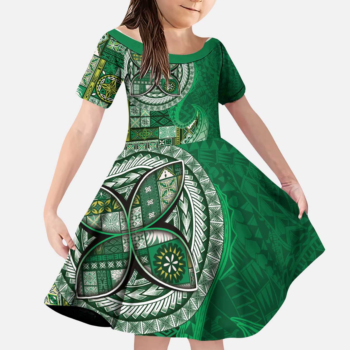 Samoan Siapo Art Tattoo Polynesian Pattern Kid Short Sleeve Dress Green Color - Polynesian Pride